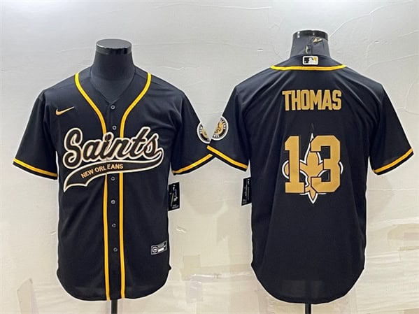 New Orleans Saints #13 Michael Thomas Black Team Big Logo With Patch Cool Base Stitched Baseball Jersey