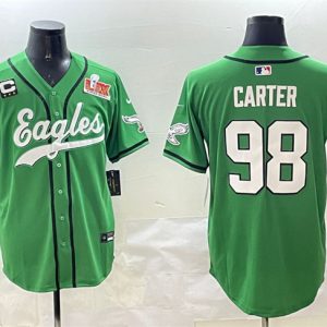 Philadelphia Eagles #98 Jalen Carter Green 2025 Super Bowl LIX And 3-Star C Patch Stitched Jersey