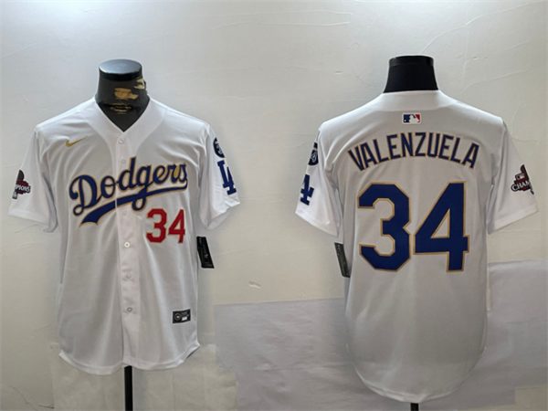 Los Angeles Dodgers #34 Toro Valenzuela White Gold 2024 World Series Champions With Fernando Memorial Patch Home Limited Stitched Jersey