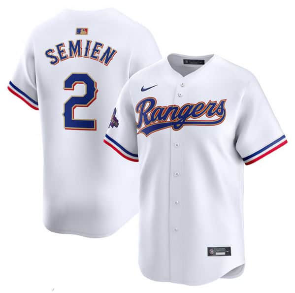 Texas Rangers #2 Marcus Semien White 2024 Gold Collection Cool Base Stitched Jersey