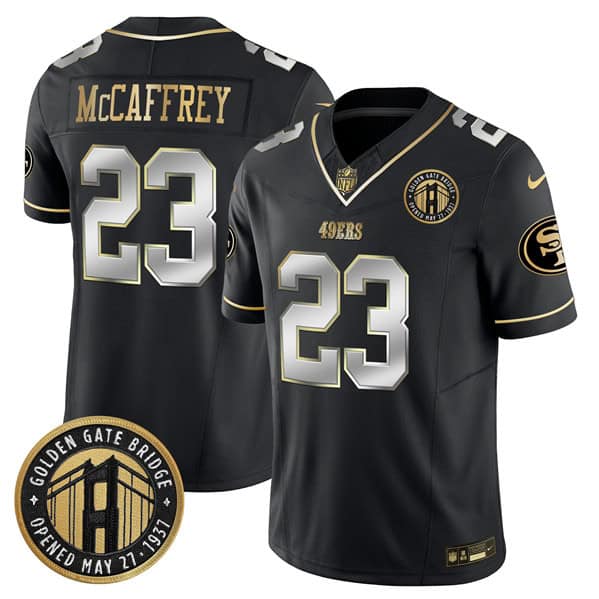 San Francisco 49ers #23 Christian McCaffrey Black F.U.S.E. Golden Gate Bridge Patch Vapor Limited Stitched Jersey