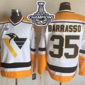 Penguins #35 Tom Barrasso White Yellow CCM Throwback 2016 Stanley Cup Champions Stitched Jersey