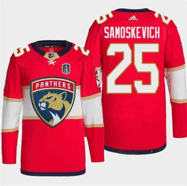 Florida Panthers #25 Mackie Samoskevich Red 2024 Stanley Cup Final Patch Stitched Jersey