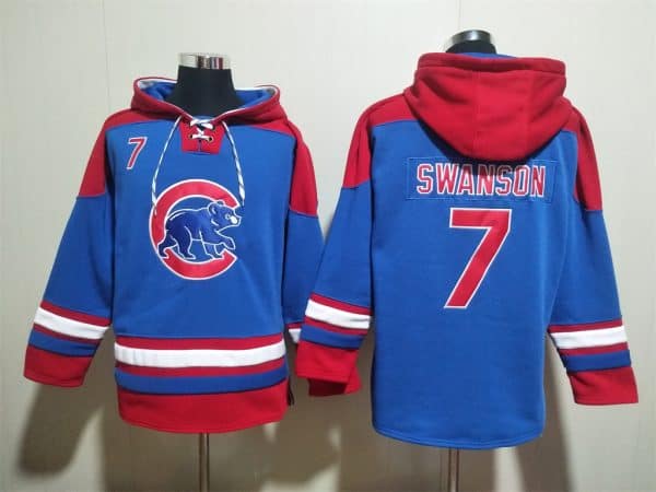 Chicago Cubs #7 Dansby Swanson Royal Red Ageless Must-Have Lace-Up Pullover Hoodie