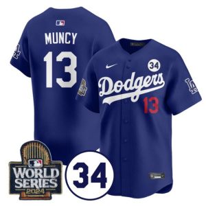 Los Angeles Dodgers #13 Max Muncy Royal 2024 World Series With No. 34 Patch Limited Stitched Jersey