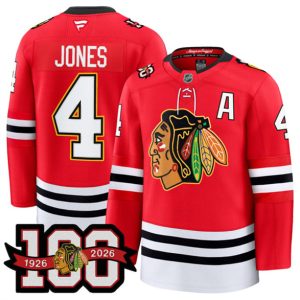 Chicago Blackhawks #4 Seth Jones Red 2025 Home 100th Anniversary With A Patch Stitched Jersey