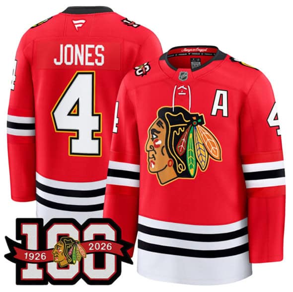 Chicago Blackhawks #4 Seth Jones Red 2025 Home 100th Anniversary With A Patch Stitched Jersey