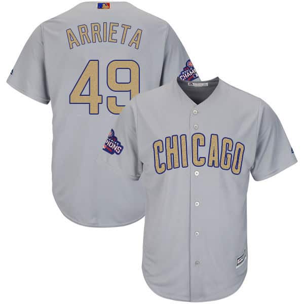 Chicago Cubs #49 Jake Arrieta World Series Champions Gold Program Cool Base Stitched Jersey