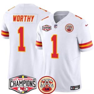 Kansas City Chiefs #1 Xavier Worthy White F.U.S.E. 2024 AFC West Division Champions Vapor Limited Stitched Jersey