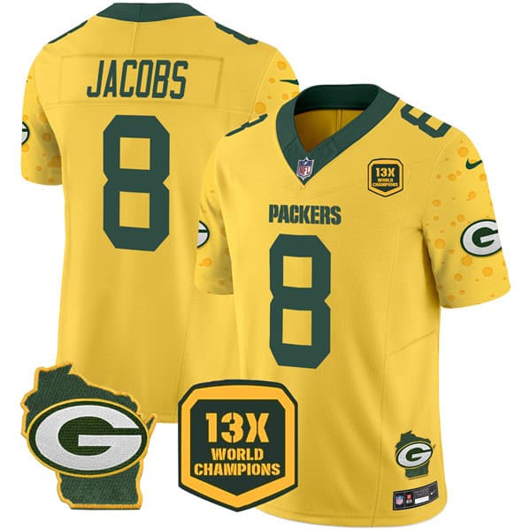 Green Bay Packers #8 Josh Jacobs Gold 2024 F.U.S.E. 13 Time World Champions And Home Patch Vapor Untouchable Limited Stitched Jersey