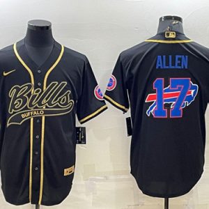 Buffalo Bills #17 Josh Allen Black Gold Team Big Logo With Patch Cool Base Stitched Baseball Jersey