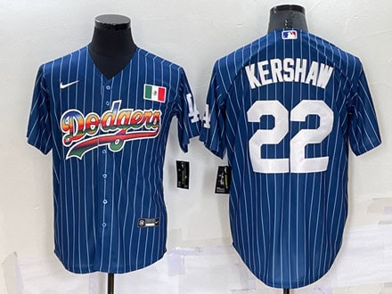 Los Angeles Dodgers #22 Clayton Kershaw Navy Mexico Rainbow Cool Base Stitched Baseball Jersey