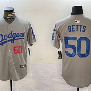 Los Angeles Dodgers #50 Mookie Betts Gray 2024 World Series Champions With Fernando Memorial Patch Limited Stitched Jersey