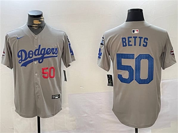 Los Angeles Dodgers #50 Mookie Betts Gray 2024 World Series Champions With Fernando Memorial Patch Limited Stitched Jersey
