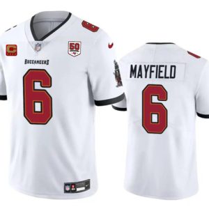 Tampa Bay Buccaneers #6 Baker Mayfield White 2025 50th Anniversary Patch And 4-Star C Patch Vapor Untouchable Limited Football Stitched Jersey