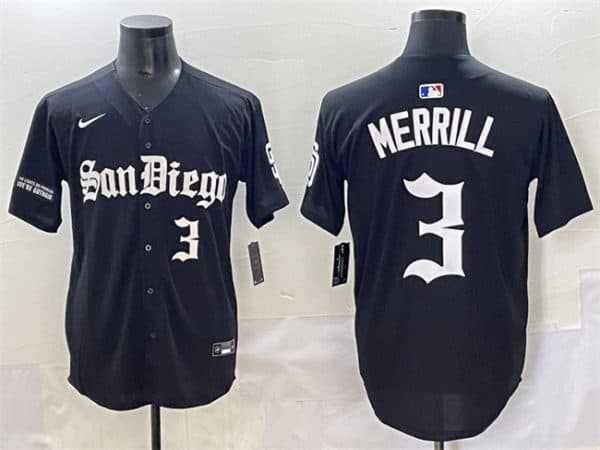San Diego Padres #3 Jackson Merrill Black Gothic Edition Vapor Limited Stitched Jersey