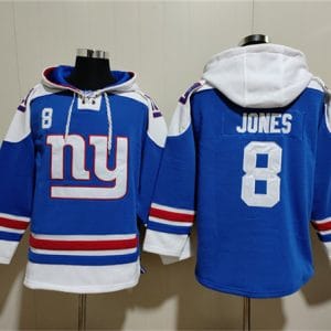 New York Giants #8 Daniel Jones Blue Ageless Must-Have Lace-Up Pullover Hoodie