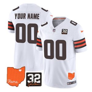 Cleveland Browns Custom White 2023 F.U.S.E. With Jim Brown Memorial Patch Vapor Untouchable Limited Stitched Jersey