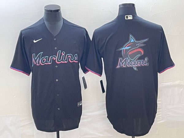 Miami Marlins Black Team Big Logo Cool Base Stitched Jersey