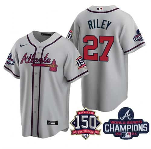 Atlanta Braves #27 Austin Riley 2021 Grey World Series Champions With 150th Anniversary Patch Cool Base Stitched Jersey