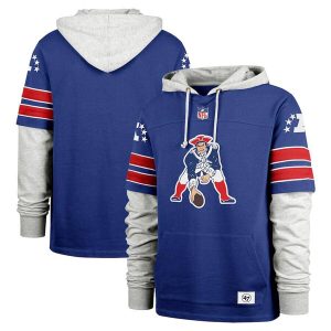 New England Patriots Royal '47 Double Header Blitz Throwback Cornerback Pullover Hoodie