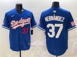 Los Angeles Dodgers #37 Teoscar Hern¨¢ndez Royal With American Flag Patch Limited Stitched Jersey