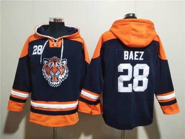 Detroit Tigers #28 Javier B¨¢ez Navy Lace-Up Pullover Hoodie
