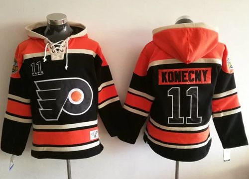 Flyers #11 Travis Konecny Black Sawyer Hooded Sweatshirt Stitched Jersey
