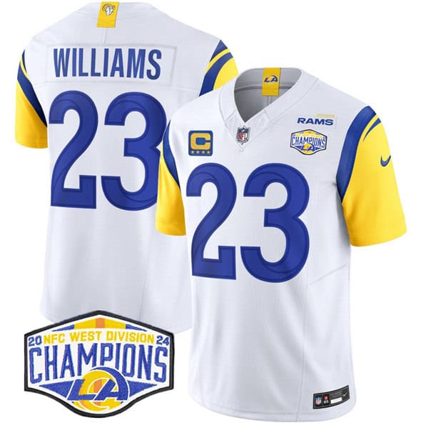Los Angeles Rams #23 Kyren Williams White 2024 NFC West Champions With 4-Star C Patch F.U.S.E. Vapor Untouchable Stitched Jersey