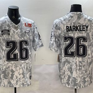 Philadelphia Eagles #26 Saquon Barkley 2025 Super Bowl LIX Patch F.U.S.E. Arctic Camo Salute To Service Limited Stitched Jersey
