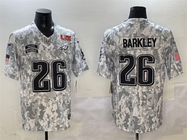 Philadelphia Eagles #26 Saquon Barkley 2025 Super Bowl LIX Patch F.U.S.E. Arctic Camo Salute To Service Limited Stitched Jersey