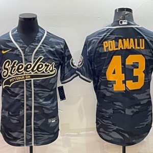 Pittsburgh Steelers #43 Troy Polamalu Gray Navy Camo With Patch Cool Base Stitched Baseball Jersey