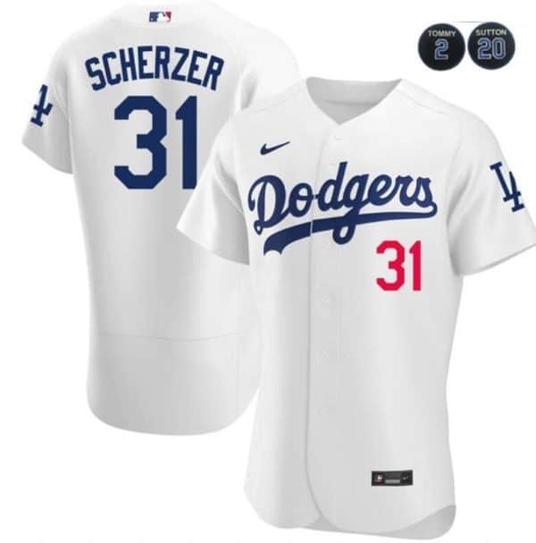 Los Angeles Dodgers #31 Max Scherzer White #2 #20 Patch Flex Base Stitched Baseball Jersey