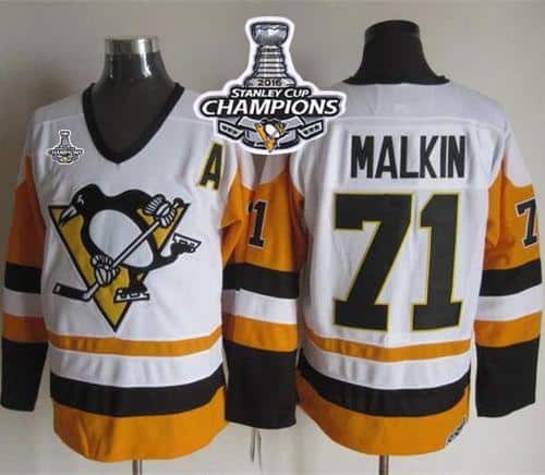 Penguins #71 Evgeni Malkin White Black CCM Throwback 2016 Stanley Cup Champions Stitched Jersey