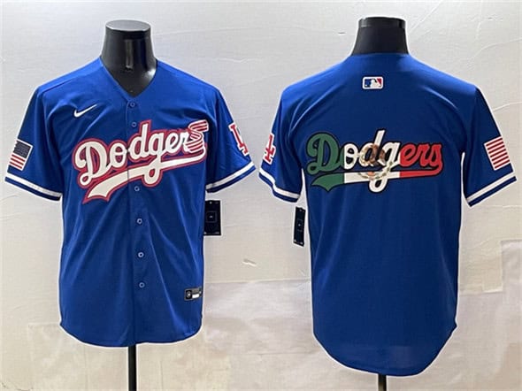 Los Angeles Dodgers Team Big Logo Royal With American Flag Patch Limited Stitched Jersey