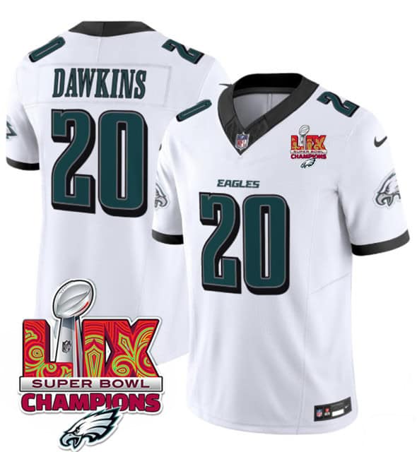 Philadelphia Eagles #20 Brian Dawkins White 2025 Eagles Logo Super Bowl LIX Patch New F.U.S.E. Vapor Untouchable Limited Stitched Jersey