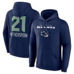 Seattle Seahawks #21 Devon Witherspoon Navy Team Wordmark Player Name Number Pullover Hoodie