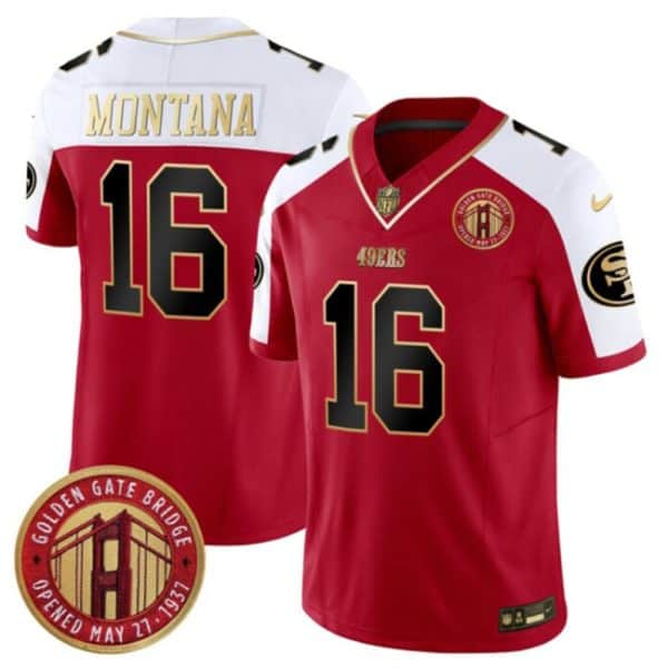San Francisco 49ers #16 Joe Montana Red White F.U.S.E. Golden Gate Bridge Patch Alternate Vapor Limited Stitched Jersey