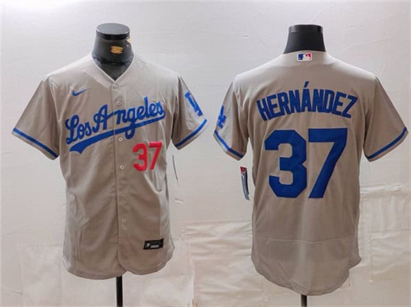 Los Angeles Dodgers #37 Teoscar Hern¨¢ndez Grey Flex Base Stitched Jersey
