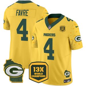 Green Bay Packers #4 Brett Favre Gold 2024 F.U.S.E. 13 Time World Champions And Home Patch Vapor Untouchable Limited Stitched Jersey