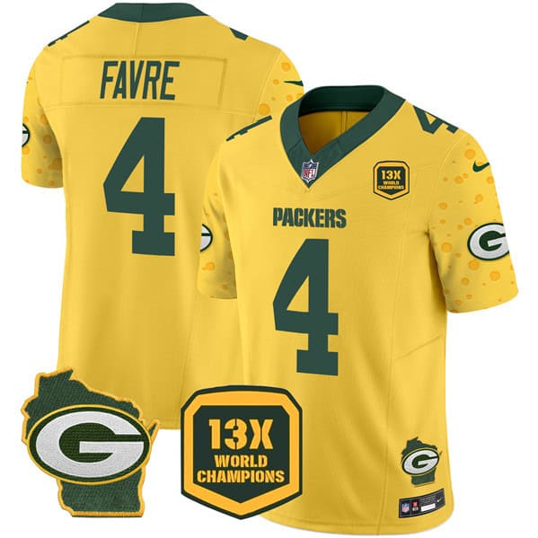 Green Bay Packers #4 Brett Favre Gold 2024 F.U.S.E. 13 Time World Champions And Home Patch Vapor Untouchable Limited Stitched Jersey