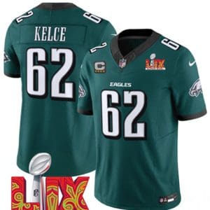 Philadelphia Eagles #62 Jason Kelce Green 2025 Super Bowl LIX Patch Vapor Untouchable Limited Stitched Jersey