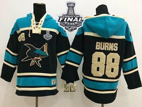 Sharks #88 Brent Burns Black Sawyer Hooded Sweatshirt 2016 Stanley Cup Final Patch Stitched Jersey