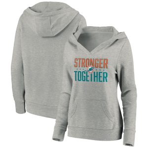 Miami Dolphins Heather Gray Stronger Together Crossover Neck Pullover Hoodie(Run Small)