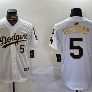 Los Angeles Dodgers #5 Freddie Freeman White Gold 2024 World Series With Fernando Memorial Home Limited Stitched Jersey