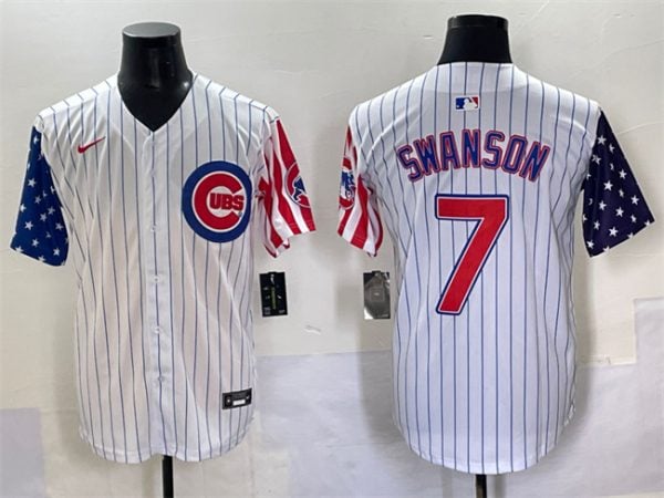 Chicago Cubs #7 Dansby Swanson White Pinstripe 2025 Independence Day Vapor Premier Limited Stitched Jersey