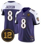 Baltimore Ravens #8 Lamar Jackson Purple Alternate 2025 F.U.S.E Jacoby Jones Patch Vapor Limited Jersey