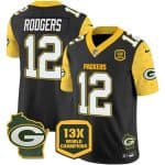 Green Bay Packers #12 Aaron Rodgers Black 2024 F.U.S.E. 13 Time World Champions And Home Patch Vapor Untouchable Limited Stitched Jersey
