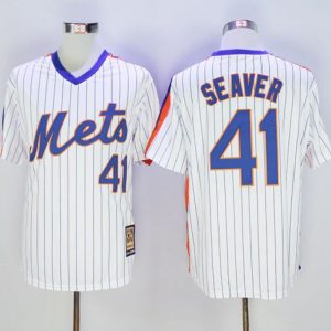 Mets #41 Tom Seaver White(Blue Strip) Cooperstown Stitched Jersey