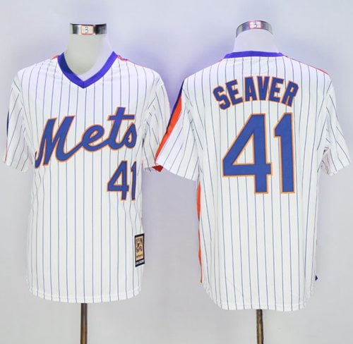Mets #41 Tom Seaver White(Blue Strip) Cooperstown Stitched Jersey